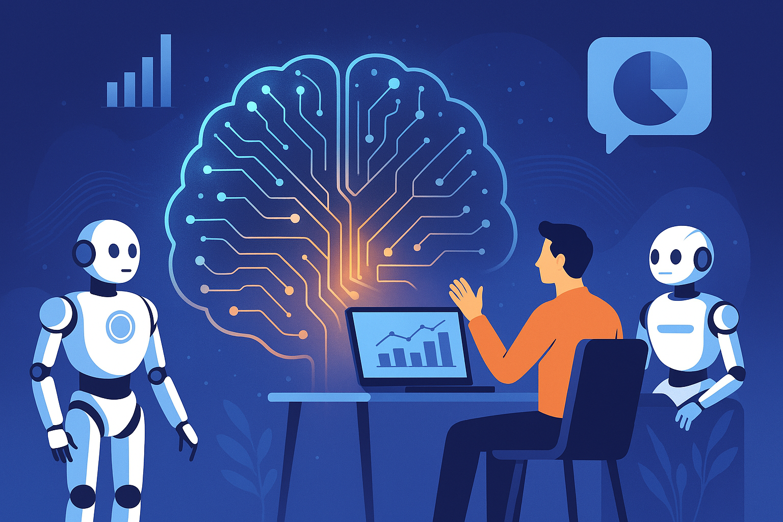 ai tools for marketing Illustration of a professional working on a laptop, accompanied by two robots, in front of a glowing digital brain symbolizing artificial intelligence and data analysis.